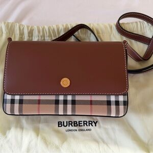 Burberry NEW HAMPSHIRE CANVAS CHECK Beige/ Tan Leather crossbody bag